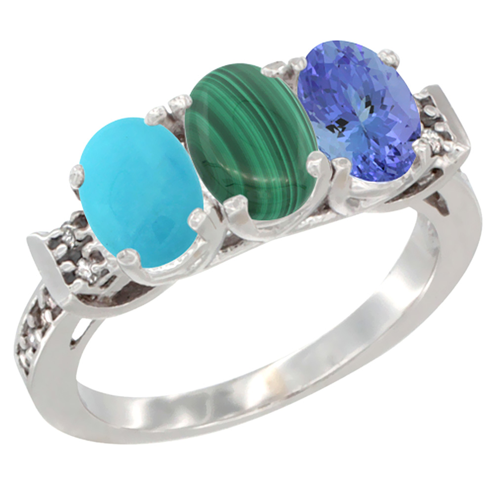 14K White Gold Natural Turquoise, Malachite & Tanzanite Ring 3-Stone Oval 7x5 mm Diamond Accent, sizes 5 - 10