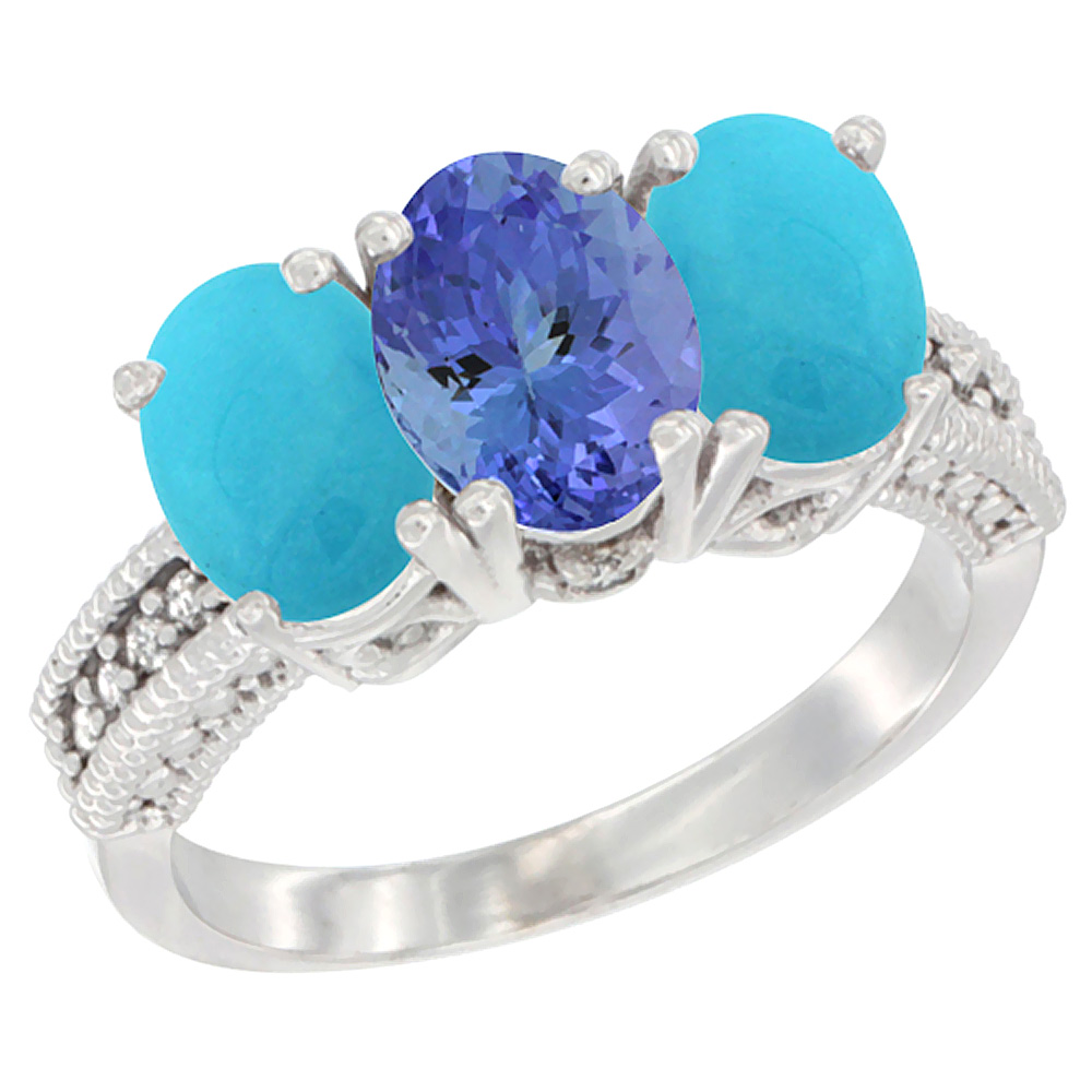 10K White Gold Diamond Natural Tanzanite & Turquoise Ring 3-Stone 7x5 mm Oval, sizes 5 - 10