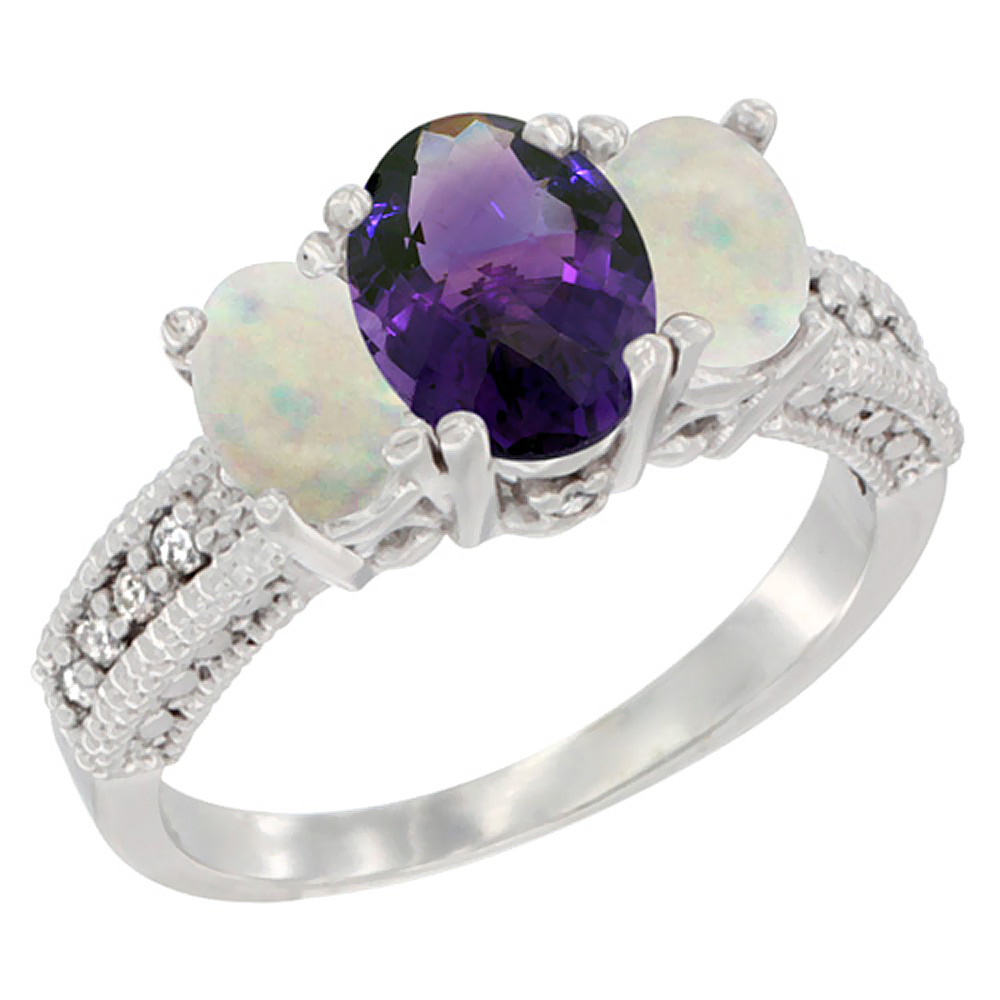 10K White Gold Diamond Natural Amethyst Ring Oval 3-stone with Opal, sizes 5 - 10