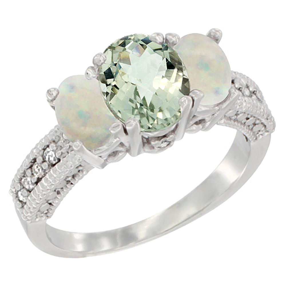 14K White Gold Diamond Natural Green Amethyst Ring Oval 3-stone with Opal, sizes 5 - 10