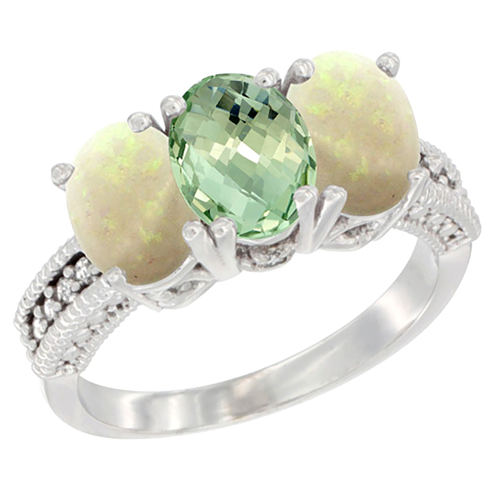 14K White Gold Natural Green Amethyst &amp; Opal Sides Ring 3-Stone 7x5 mm Oval Diamond Accent, sizes 5 - 10