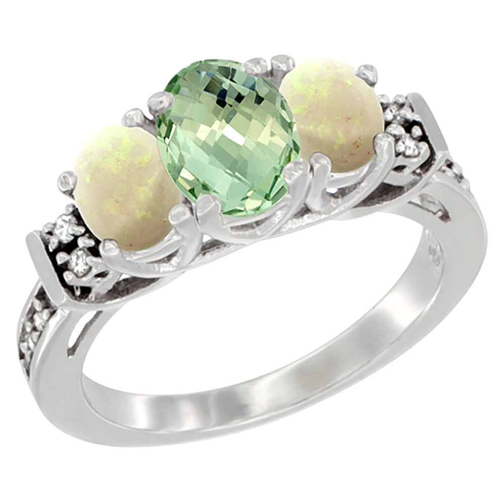 14K White Gold Natural Green Amethyst &amp; Opal Ring 3-Stone Oval Diamond Accent, sizes 5-10