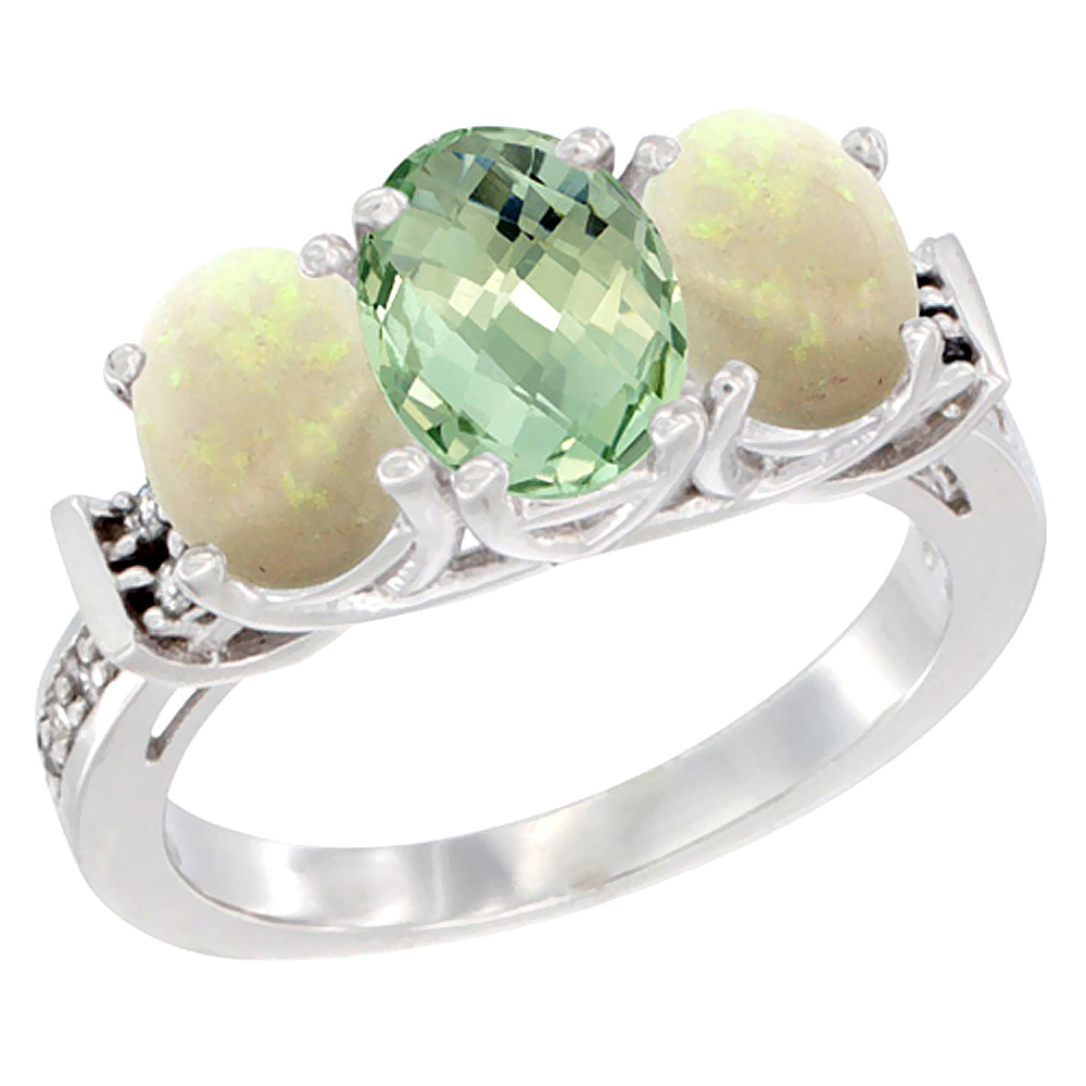 14K White Gold Natural Green Amethyst & Opal Sides Ring 3-Stone Oval Diamond Accent, sizes 5 - 10
