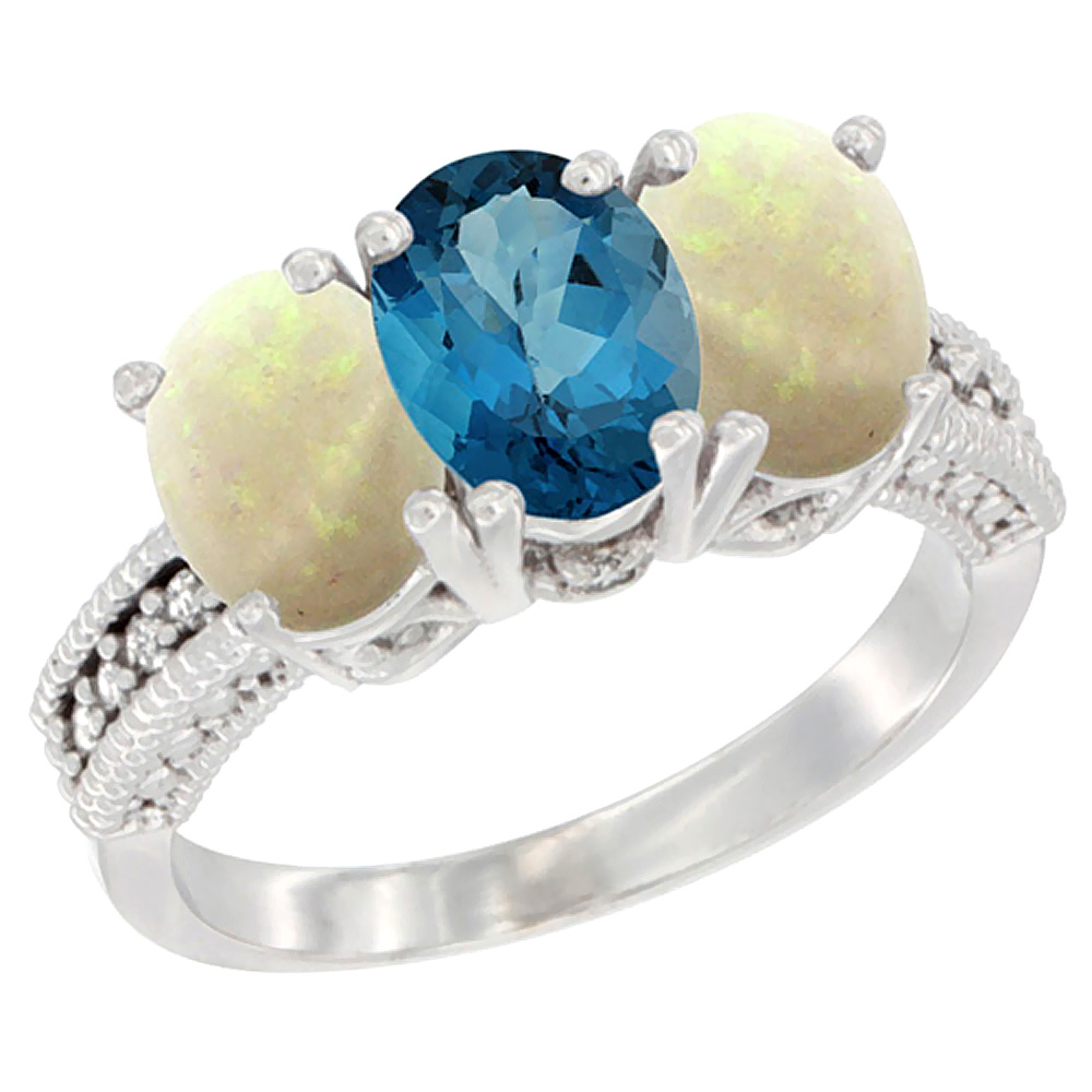 10K White Gold Diamond Natural London Blue Topaz &amp; Opal Ring 3-Stone 7x5 mm Oval, sizes 5 - 10