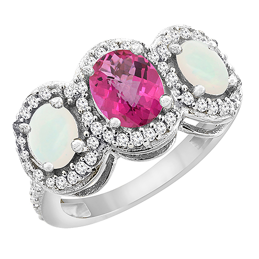 10K White Gold Natural Pink Topaz &amp; Opal 3-Stone Ring Oval Diamond Accent, sizes 5 - 10