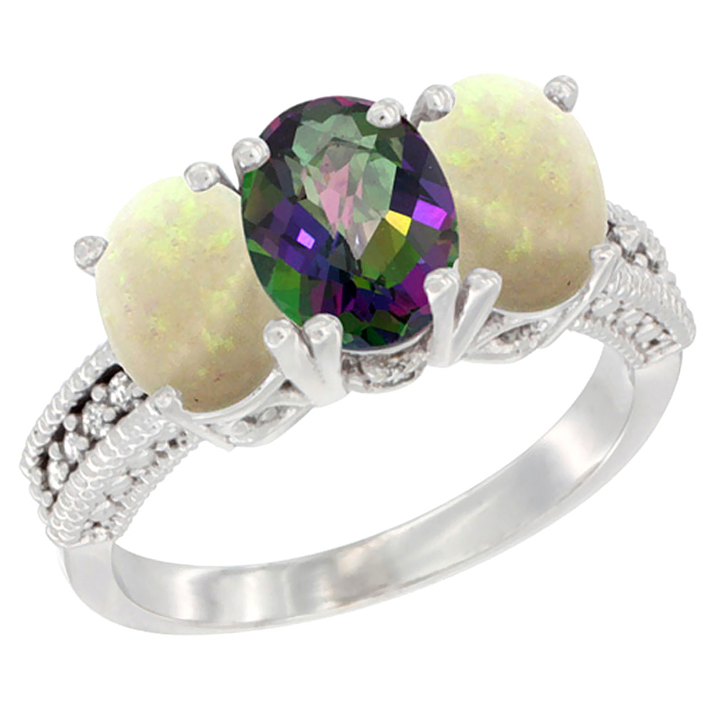 10K White Gold Diamond Natural Mystic Topaz & Opal Ring 3-Stone 7x5 mm Oval, sizes 5 - 10