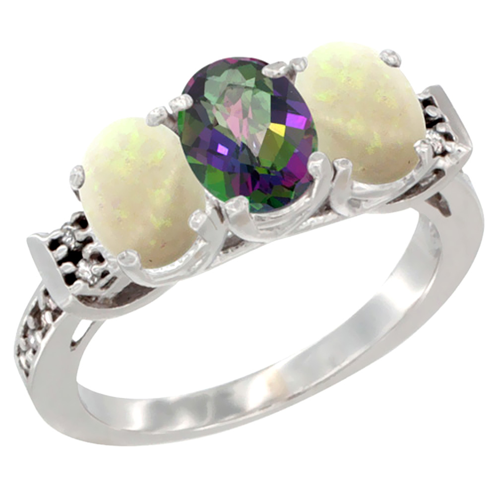 10K White Gold Natural Mystic Topaz & Opal Sides Ring 3-Stone Oval 7x5 mm Diamond Accent, sizes 5 - 10