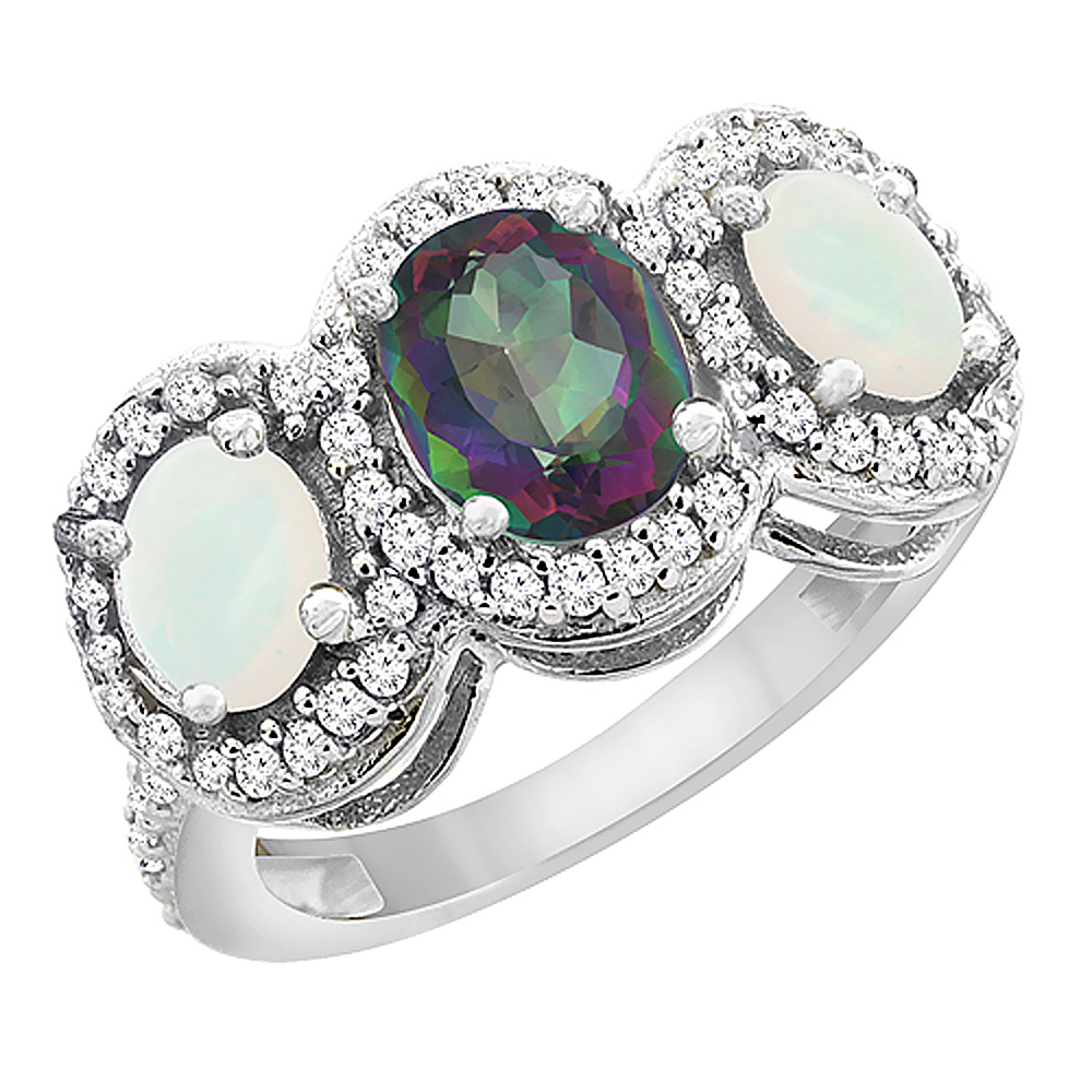 10K White Gold Natural Mystic Topaz &amp; Opal 3-Stone Ring Oval Diamond Accent, sizes 5 - 10