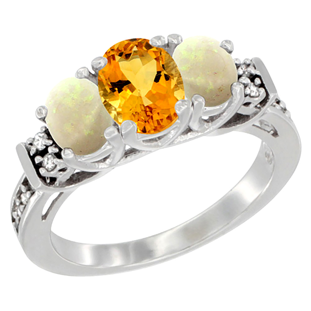 10K White Gold Natural Citrine &amp; Opal Ring 3-Stone Oval Diamond Accent, sizes 5-10