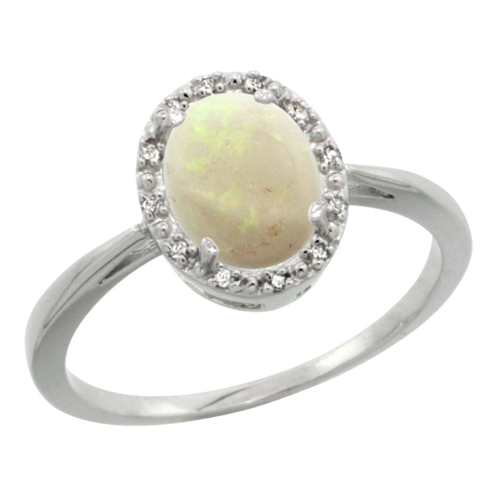 14K White Gold Natural Opal Diamond Halo Ring Oval 8X6mm, sizes 5-10