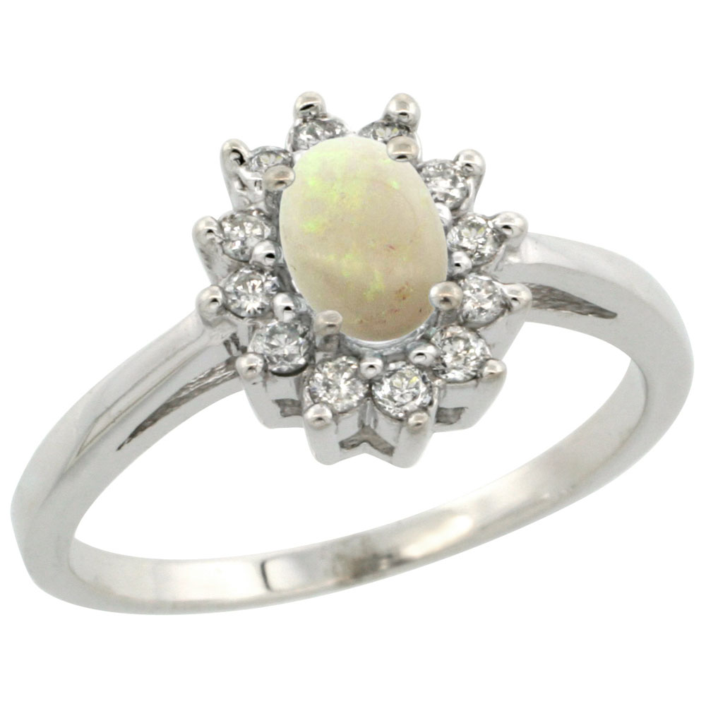 10K White Gold Natural Opal Flower Diamond Halo Ring Oval 6x4 mm, sizes 5-10