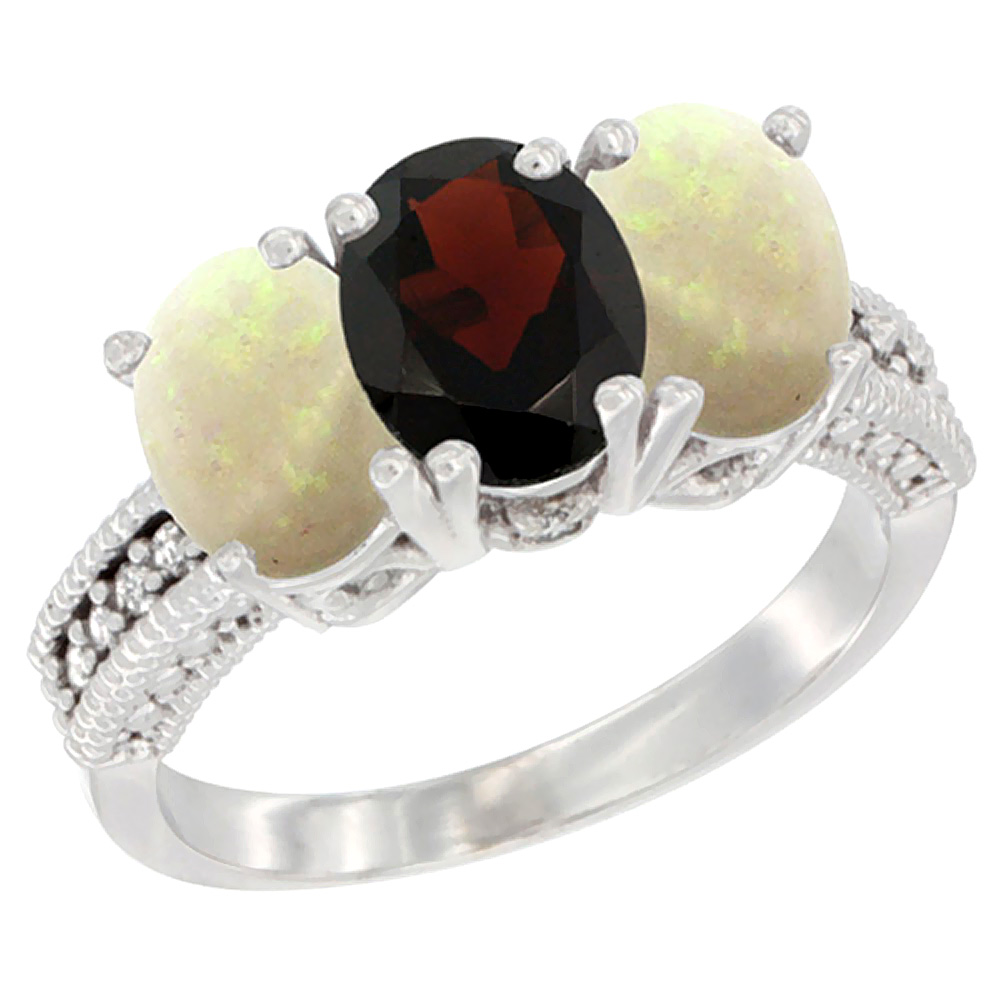 10K White Gold Diamond Natural Garnet & Opal Ring 3-Stone 7x5 mm Oval, sizes 5 - 10