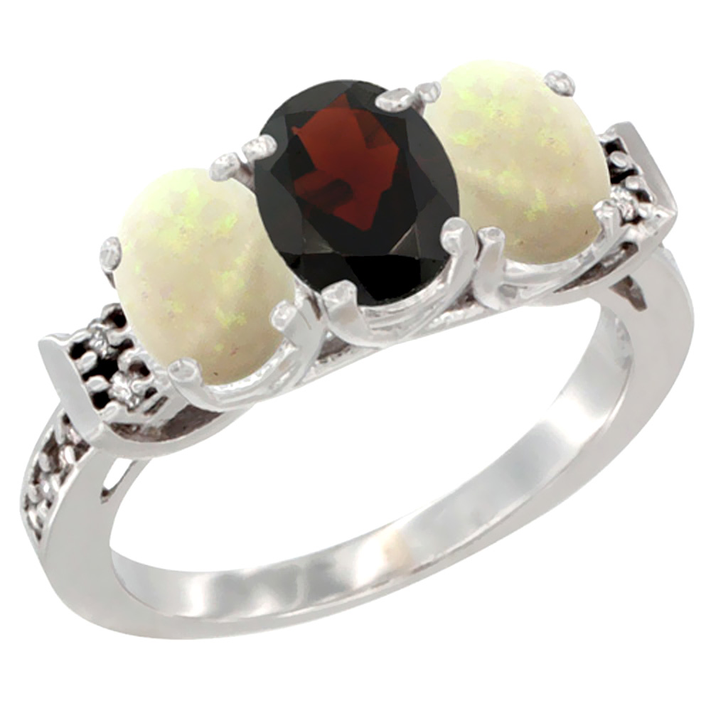 10K White Gold Natural Garnet &amp; Opal Sides Ring 3-Stone Oval 7x5 mm Diamond Accent, sizes 5 - 10