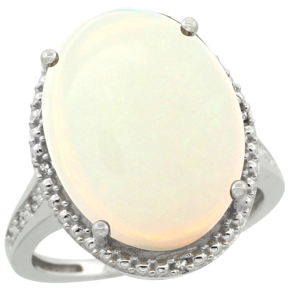 10K White Gold Diamond Natural Opal Ring Oval 18x13mm, sizes 5-10