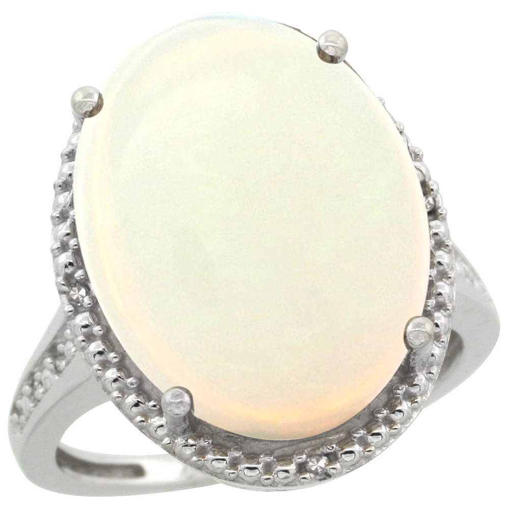 14K White Gold Diamond Natural Opal Ring Oval 18x13mm, sizes 5-10