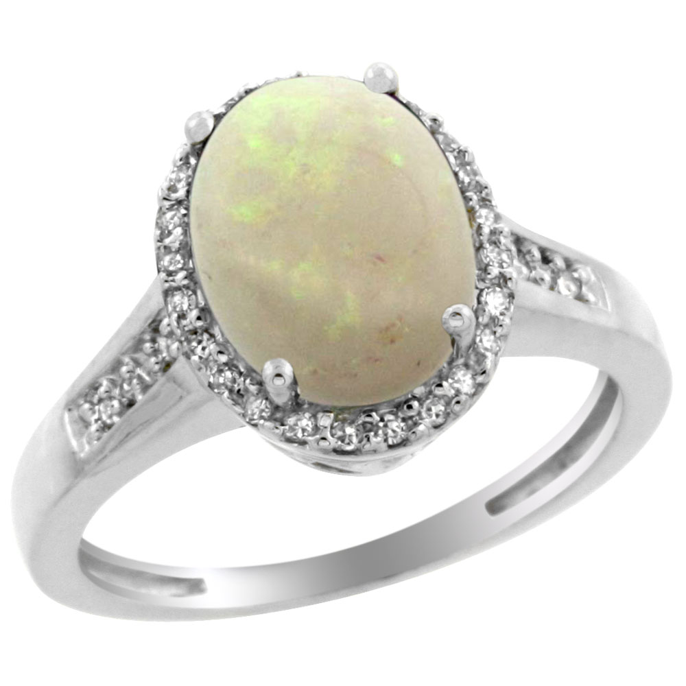 14K White Gold Diamond Natural Opal Engagement Ring Oval 10x8mm, sizes 5-10