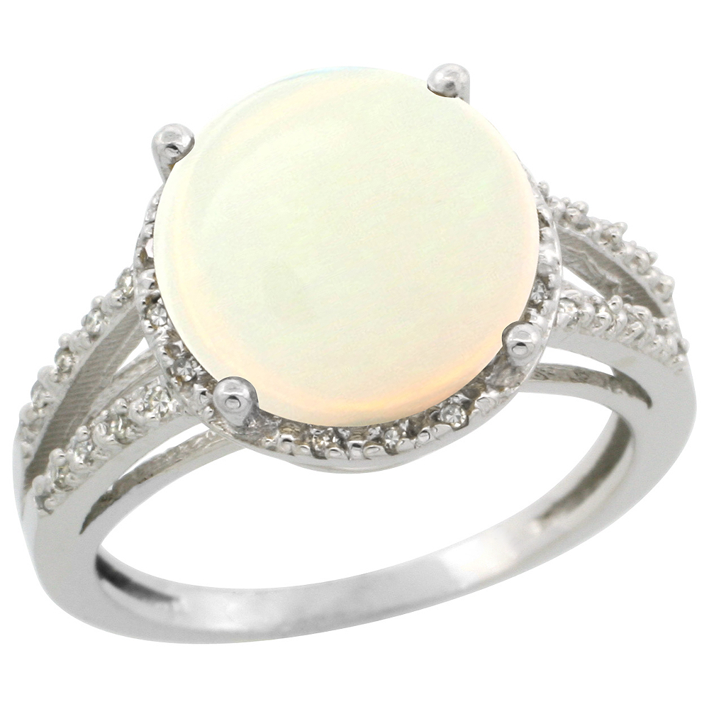 10K White Gold Diamond Natural Opal Ring Round 11mm, sizes 5-10