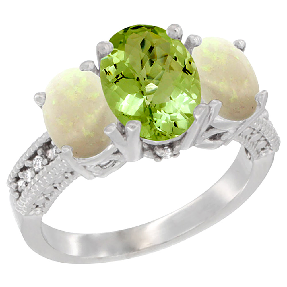 14K White Gold Diamond Natural Peridot Ring 3-Stone Oval 8x6mm with Opal, sizes5-10