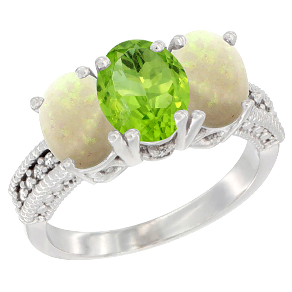 14K White Gold Natural Peridot & Opal Sides Ring 3-Stone 7x5 mm Oval Diamond Accent, sizes 5 - 10