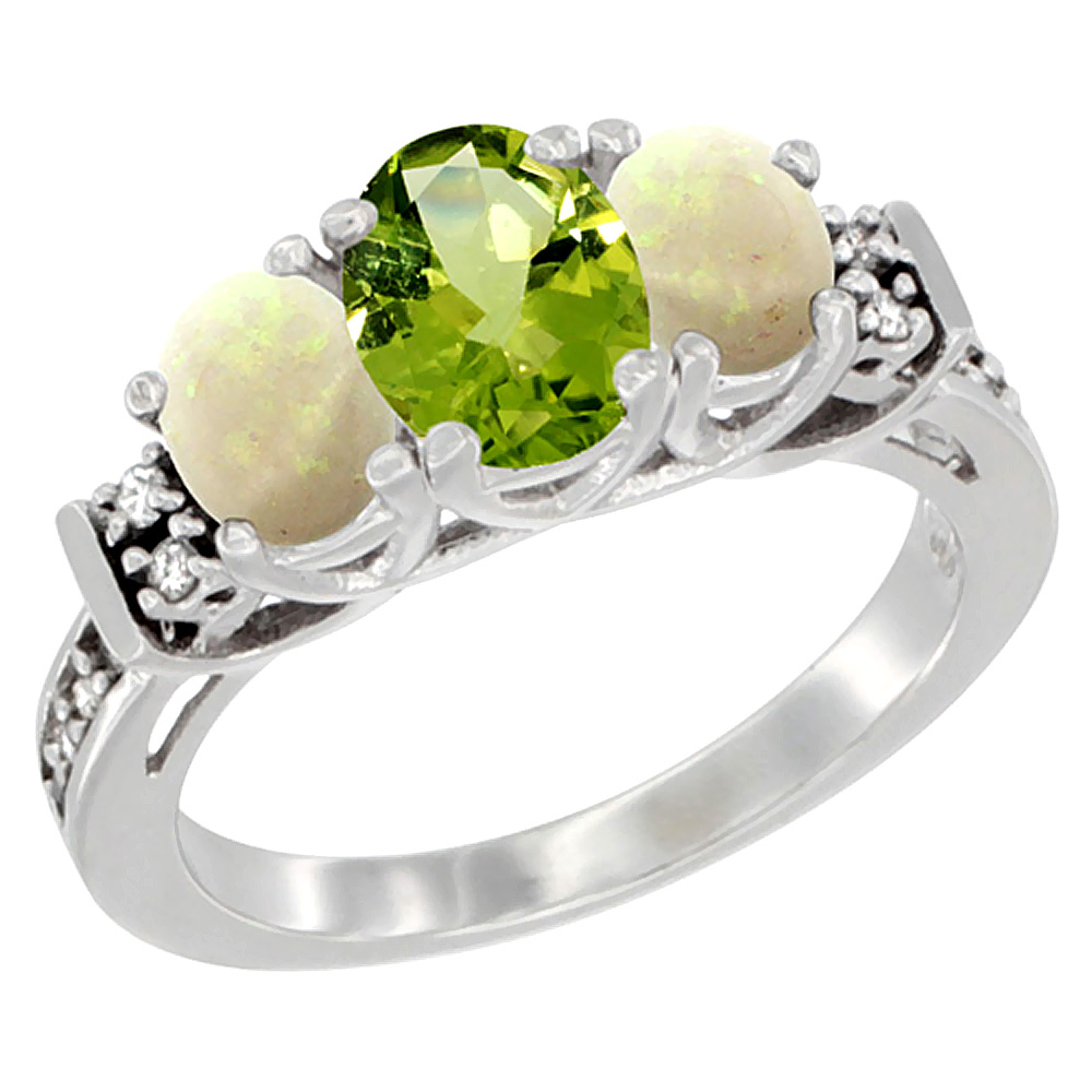 14K White Gold Natural Peridot &amp; Opal Ring 3-Stone Oval Diamond Accent, sizes 5-10