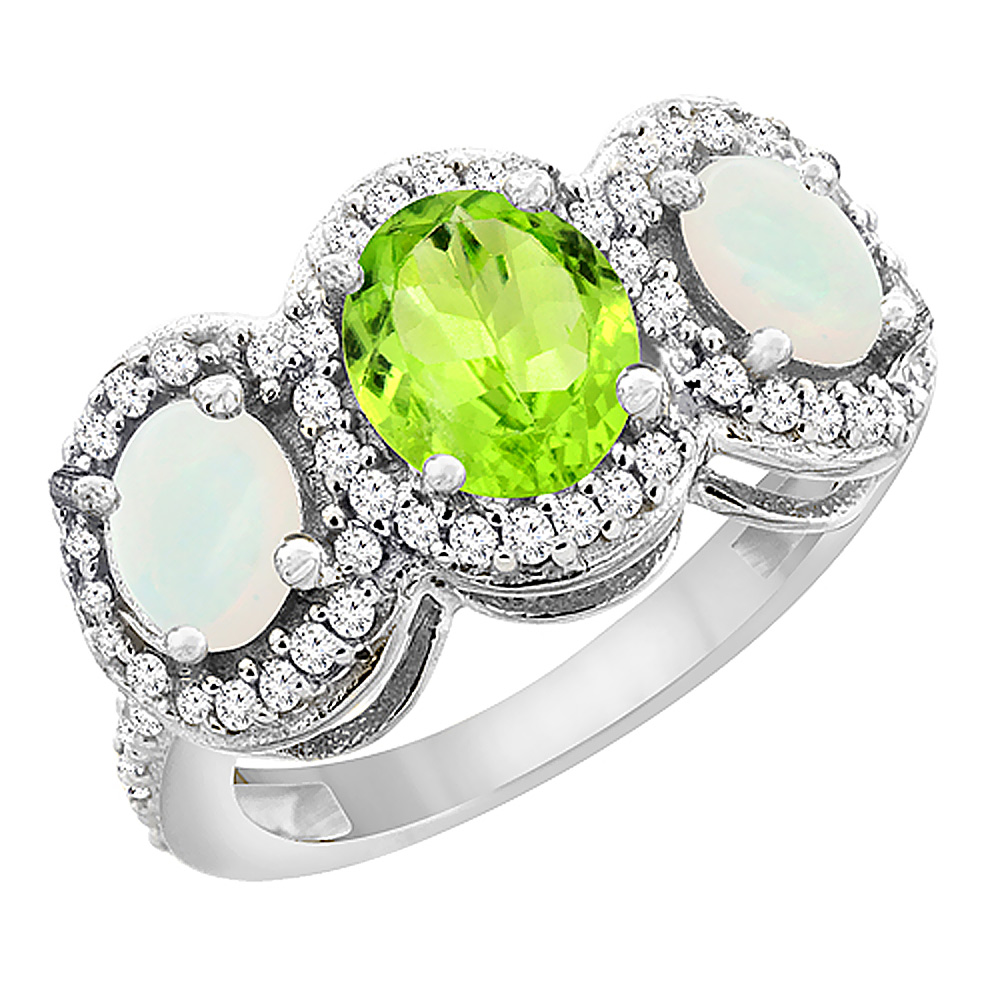 14K White Gold Natural Peridot & Opal 3-Stone Ring Oval Diamond Accent, sizes 5 - 10