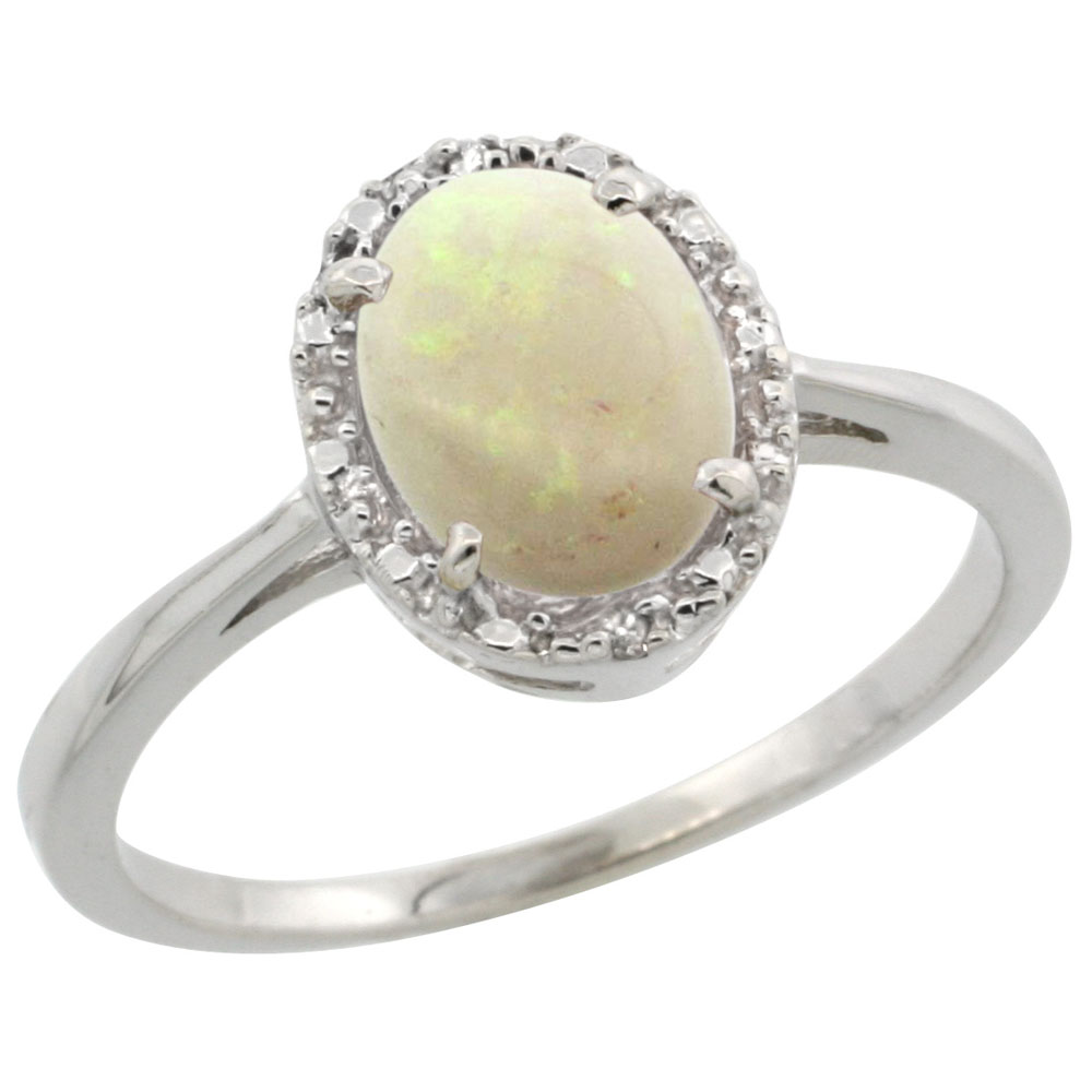10k White Gold Natural Opal Ring Oval 8x6 mm Diamond Halo, sizes 5-10