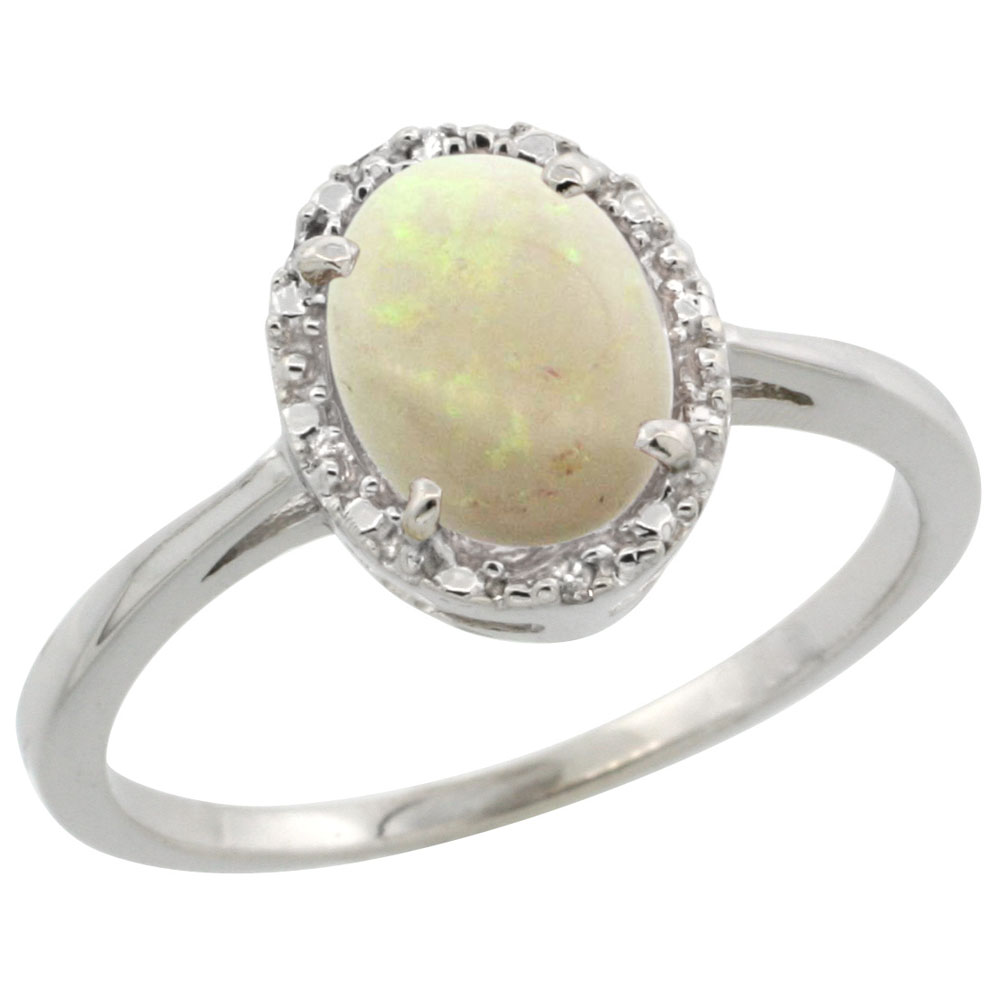 14K White Gold Natural Opal Ring Oval 8x6 mm Diamond Halo, sizes 5-10