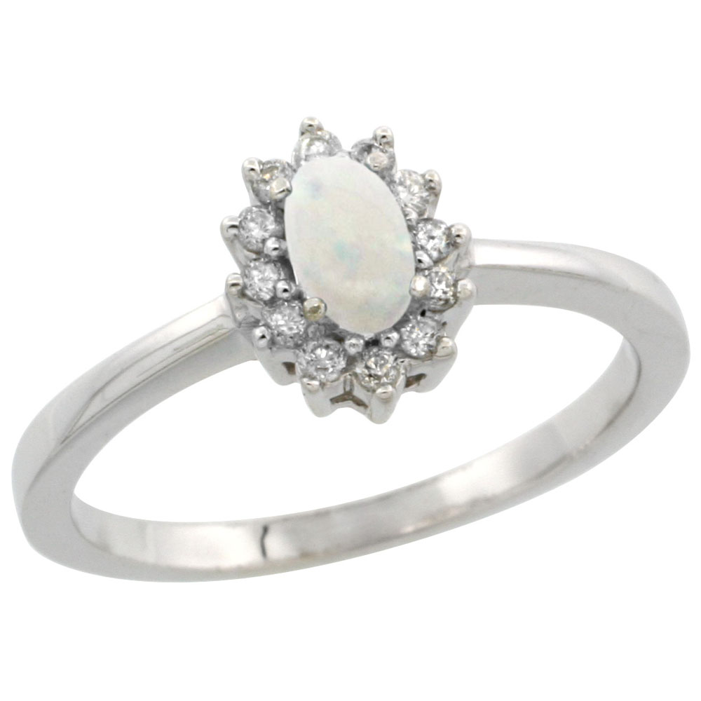 14K White Gold Natural Opal Ring Oval 5x3mm Diamond Halo, sizes 5-10