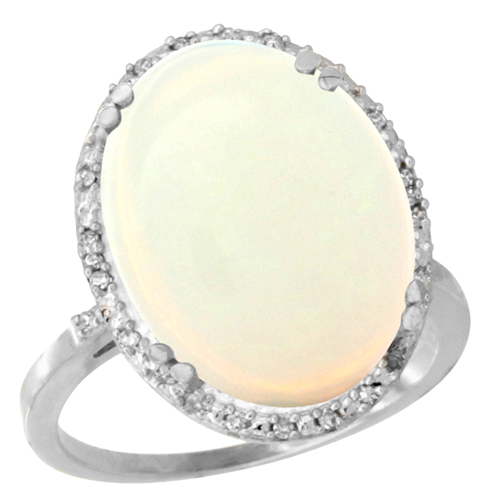 10k White Gold Natural Opal Ring Large Oval 18x13mm Diamond Halo, sizes 5-10