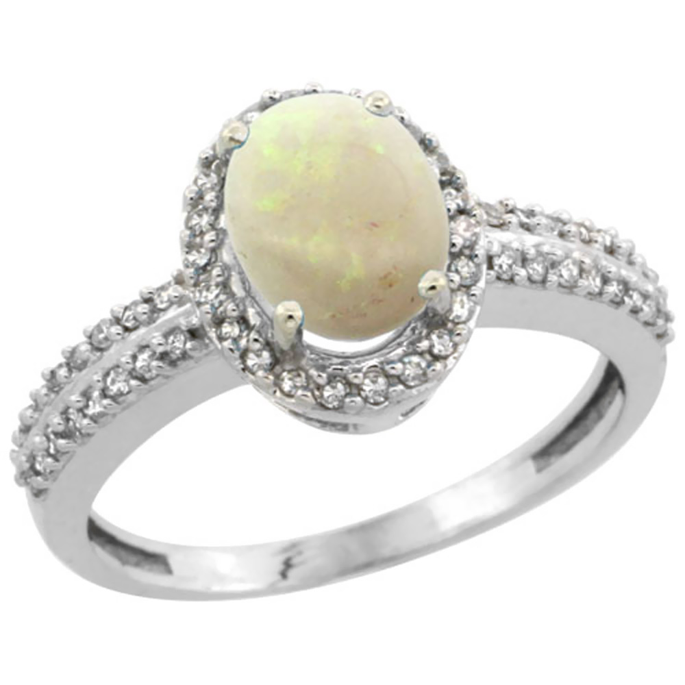 14K White Gold Natural Opal Ring Oval 8x6mm Diamond Halo, sizes 5-10