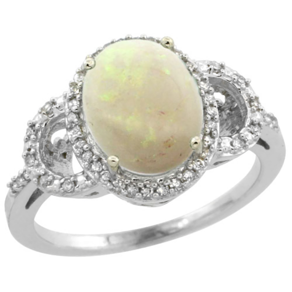 10K White Gold Diamond Natural Opal Engagement Ring Oval 10x8mm, sizes 5-10