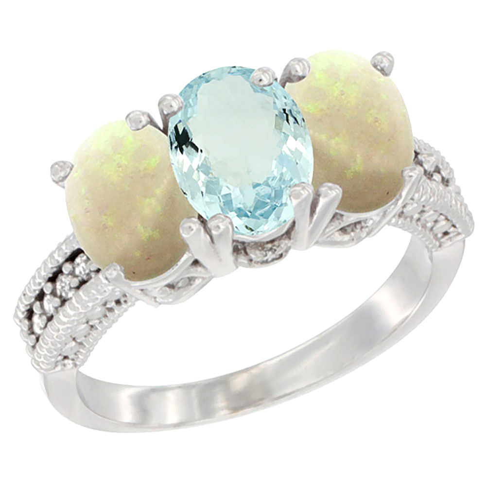 10K White Gold Diamond Natural Aquamarine &amp; Opal Ring 3-Stone 7x5 mm Oval, sizes 5 - 10