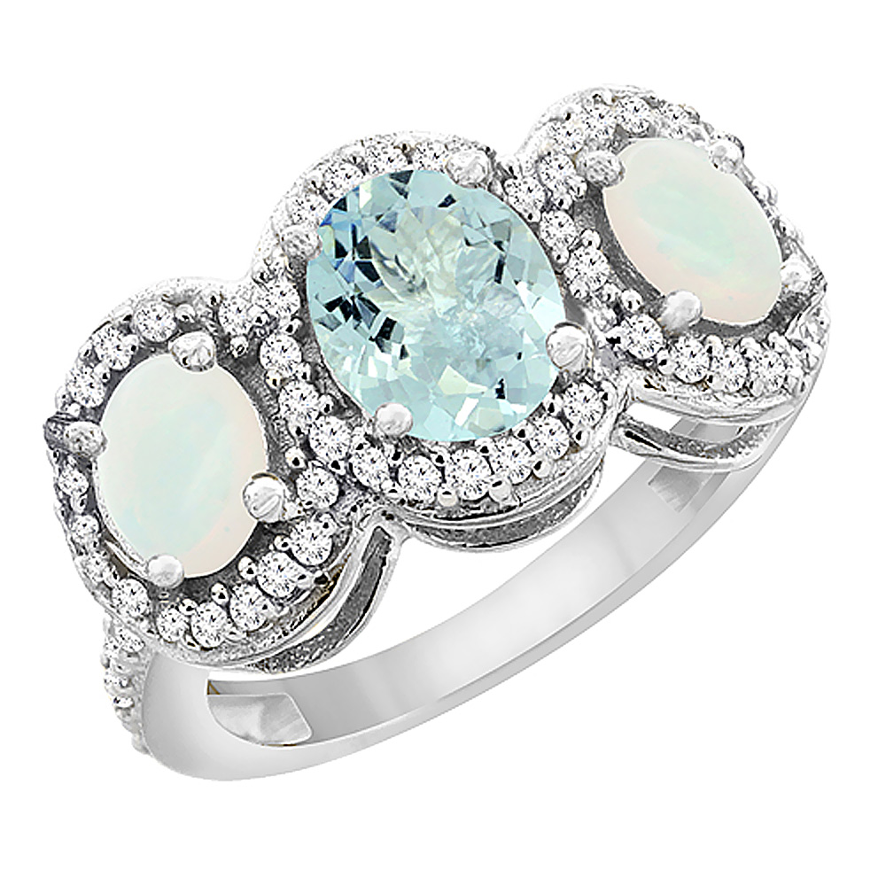 10K White Gold Natural Aquamarine &amp; Opal 3-Stone Ring Oval Diamond Accent, sizes 5 - 10