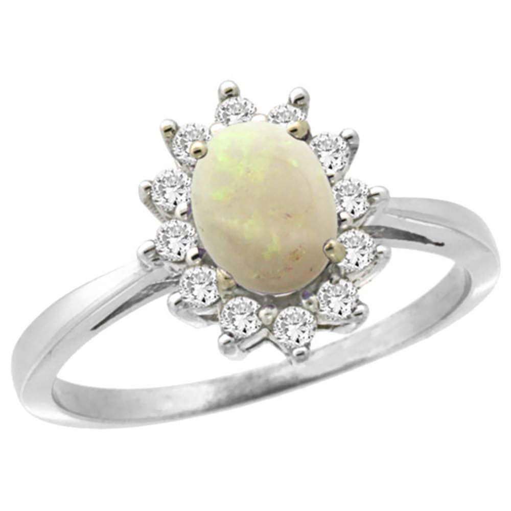 14K White Gold Natural Opal Engagement Ring Oval 7x5mm Diamond Halo, sizes 5-10