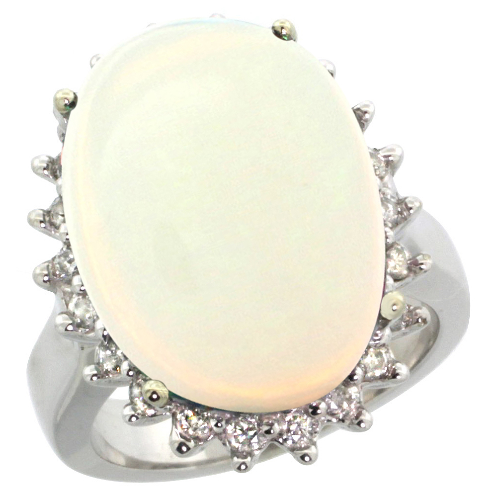 14k White Gold Diamond Halo Natural Opal Ring Large Oval 18x13mm, sizes 5-10