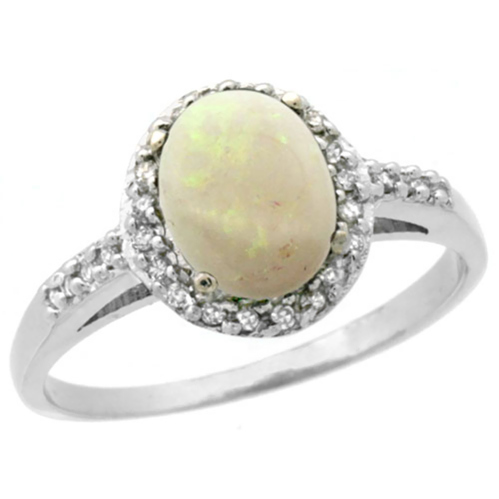 10K White Gold Diamond Natural Opal Ring Oval 8x6mm, sizes 5-10