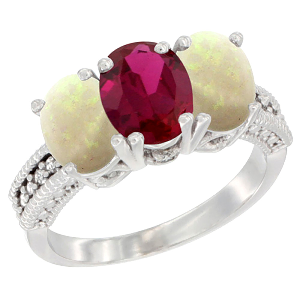 14K White Gold Enhanced Ruby & Natural Opal Sides Ring 3-Stone 7x5 mm Oval Diamond Accent, sizes 5 - 10