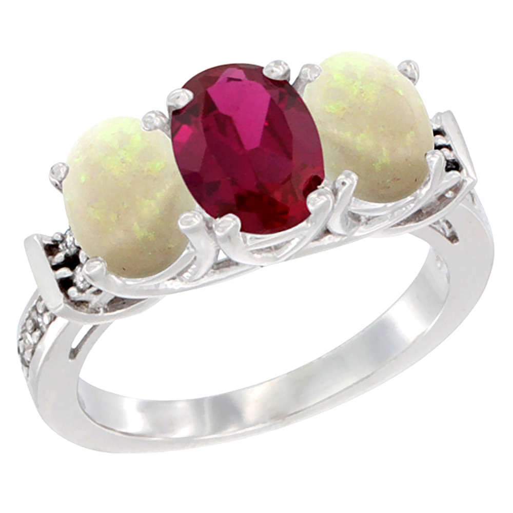 14K White Gold Natural High Quality Ruby &amp; Opal Sides Ring 3-Stone Oval Diamond Accent, sizes 5 - 10