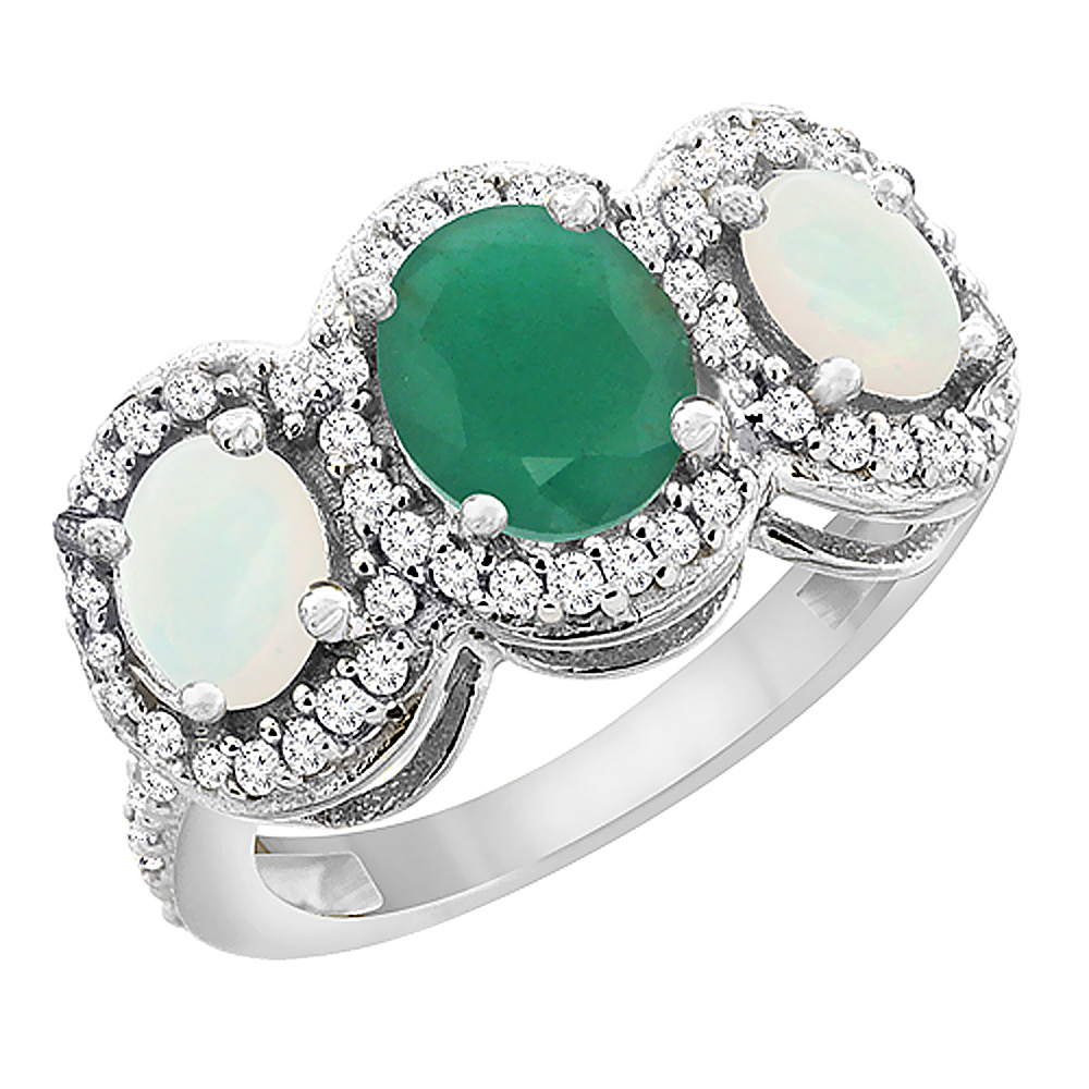 14K White Gold Natural Cabochon Emerald &amp; Opal 3-Stone Ring Oval Diamond Accent, sizes 5 - 10