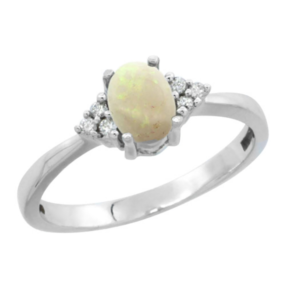 14K White Gold Natural Opal Ring Oval 6x4mm Diamond Accent, sizes 5-10