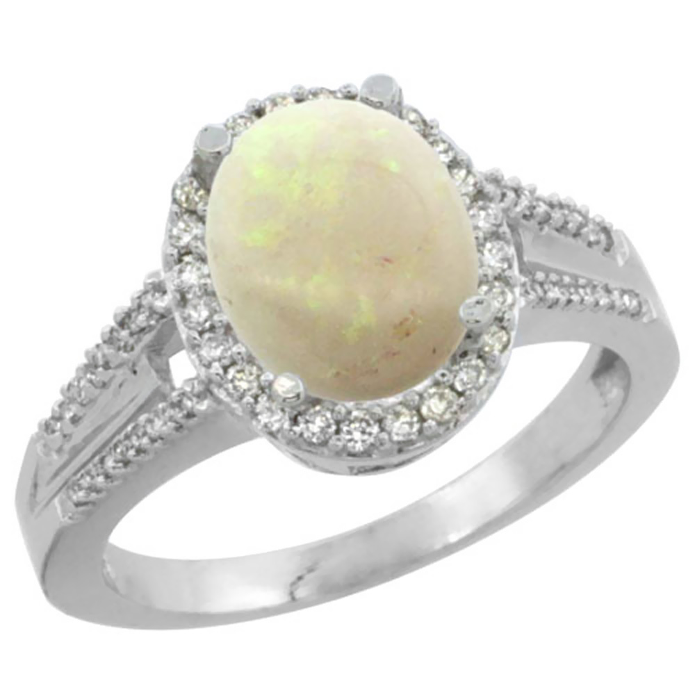 14K White Gold Diamond Natural Opal Engagement Ring Oval 10x8mm, sizes 5-10