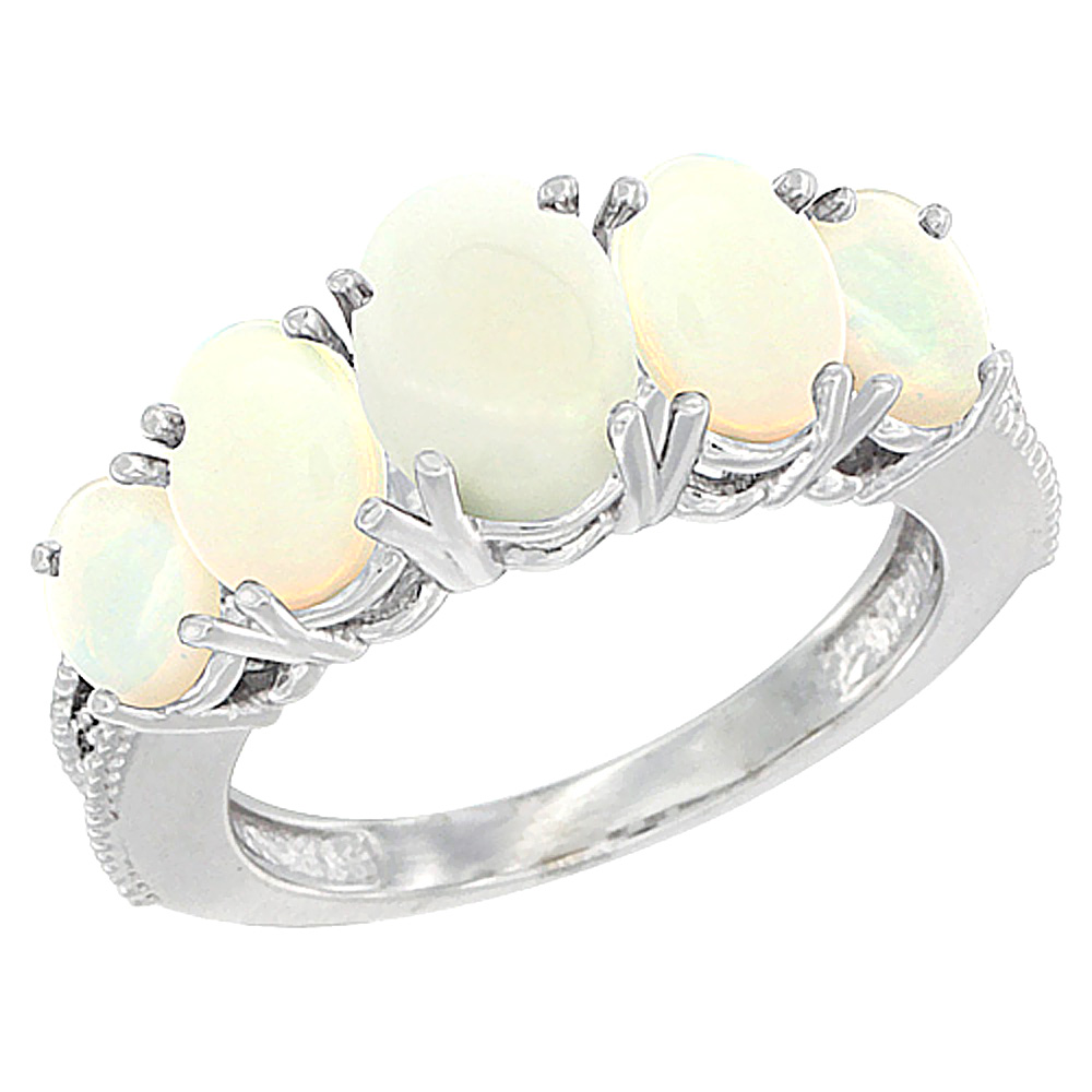 14K White Gold Diamond Natural Opal Ring 5-stone Oval 8x6 Ctr,7x5,6x4 sides, sizes 5 - 10