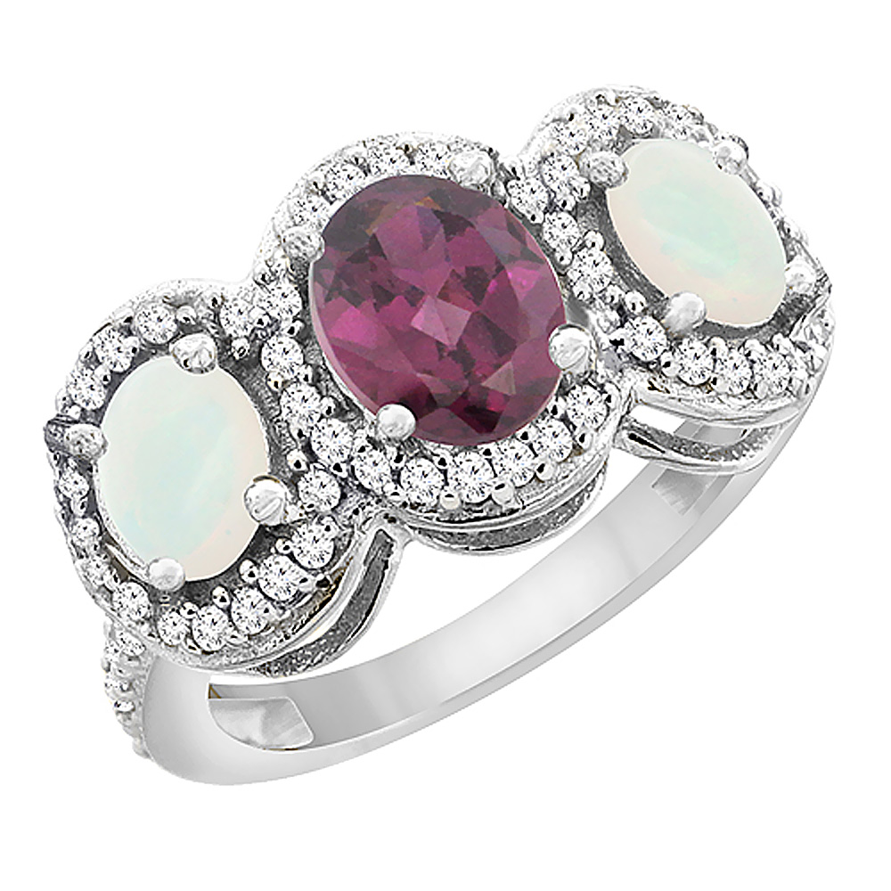 10K White Gold Natural Rhodolite &amp; Opal 3-Stone Ring Oval Diamond Accent, sizes 5 - 10