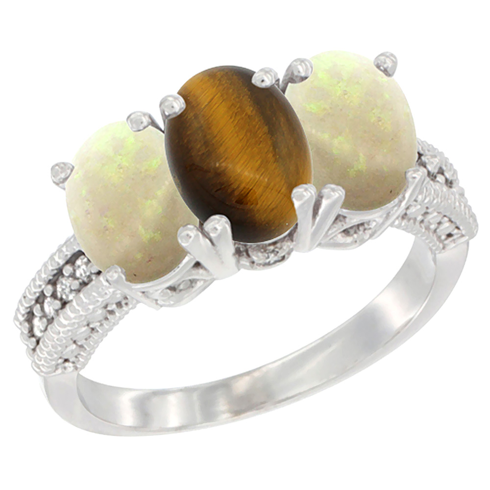 10K White Gold Diamond Natural Tiger Eye & Opal Ring 3-Stone 7x5 mm Oval, sizes 5 - 10