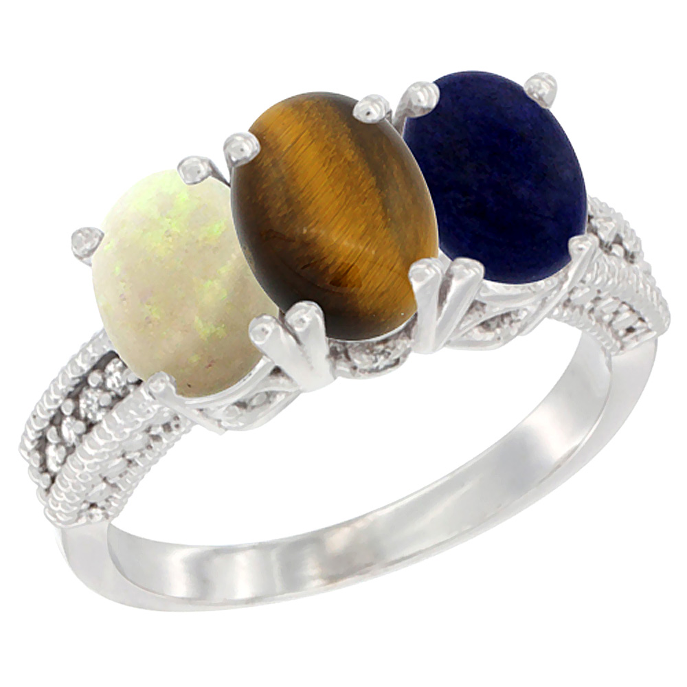 10K White Gold Diamond Natural Opal, Tiger Eye & Lapis Ring 3-Stone 7x5 mm Oval, sizes 5 - 10