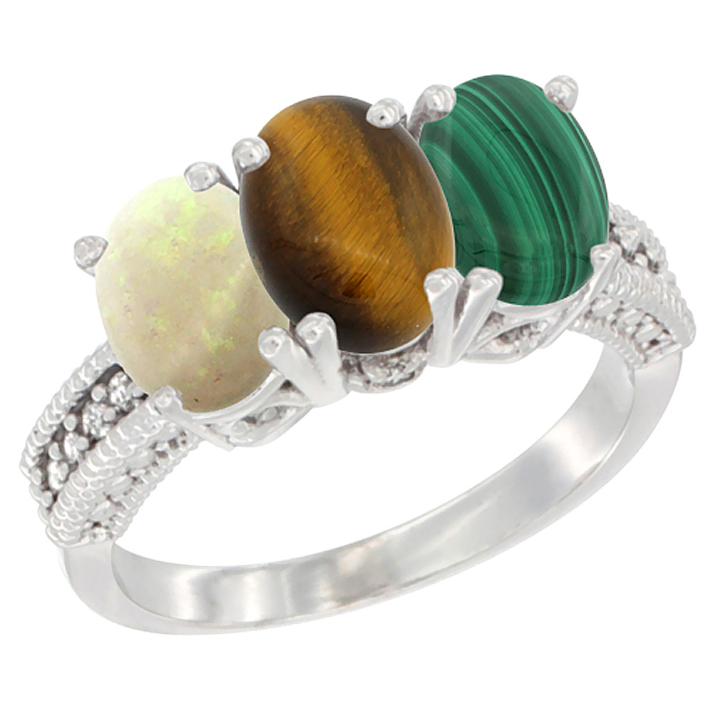 14K White Gold Natural Opal, Tiger Eye & Malachite Ring 3-Stone 7x5 mm Oval Diamond Accent, sizes 5 - 10