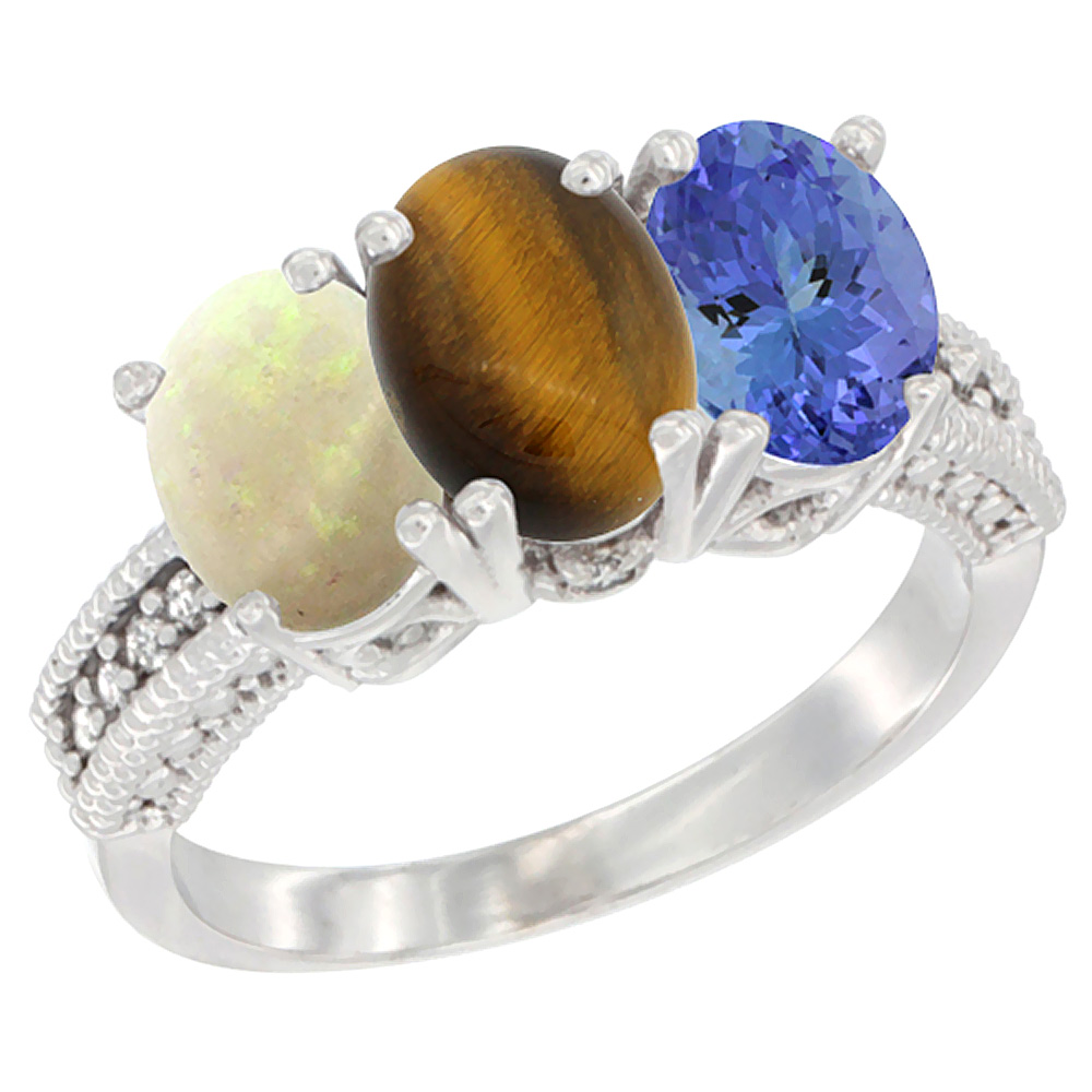 14K White Gold Natural Opal, Tiger Eye & Tanzanite Ring 3-Stone 7x5 mm Oval Diamond Accent, sizes 5 - 10