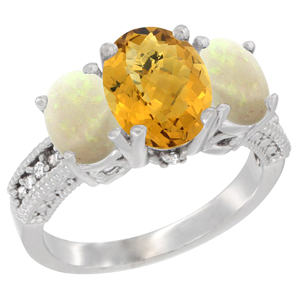 10K White Gold Diamond Natural Whisky Quartz Ring 3-Stone Oval 8x6mm with Opal, sizes5-10