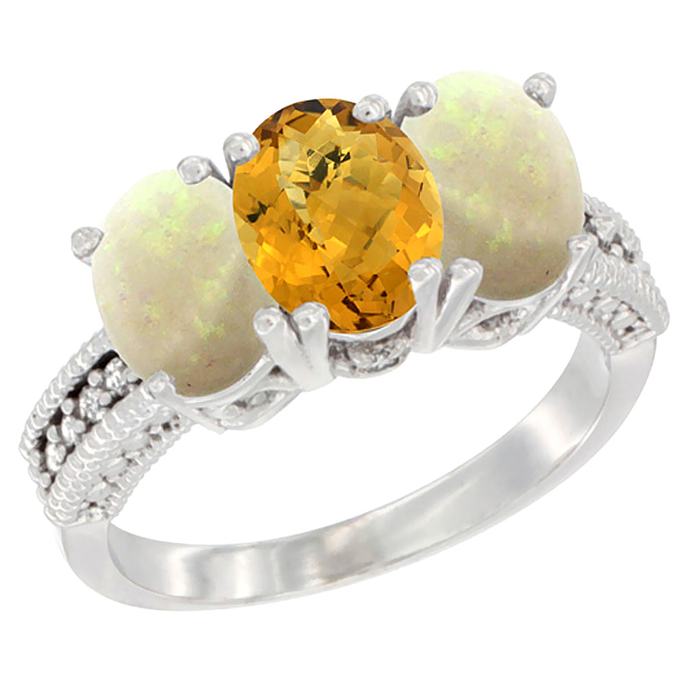 14K White Gold Natural Whisky Quartz & Opal Sides Ring 3-Stone 7x5 mm Oval Diamond Accent, sizes 5 - 10