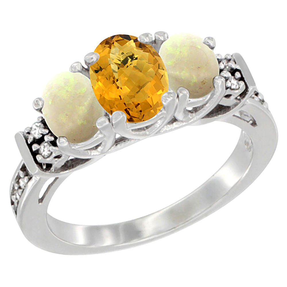 14K White Gold Natural Whisky Quartz & Opal Ring 3-Stone Oval Diamond Accent, sizes 5-10